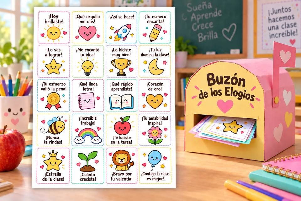 Hoja con 20 cartitas de elogio junto al Buzón de los Elogios en el escritorio de la maestra